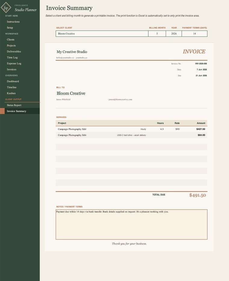 Invoice Summary tab generating a print-ready client invoice