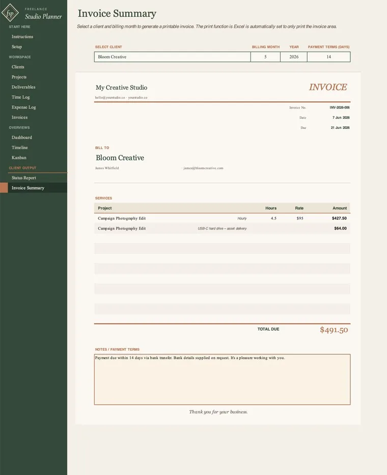 Invoice Summary tab generating a print-ready client invoice